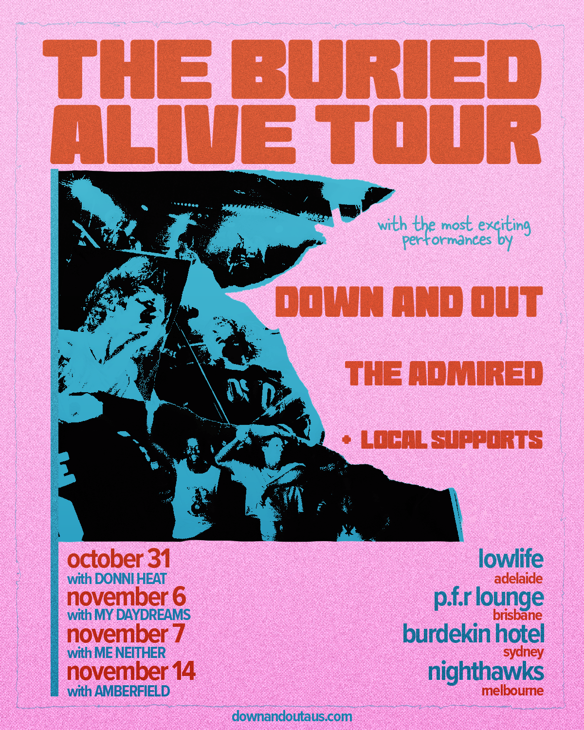 Tour poster for Down And Out's The Buried Alive Tour with dates across Adelaide, Brisbane, Sydney, and Melbourne in October and November.
